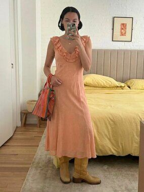 Lovers + Friends Carlin Ruffled Neckline Satin Midi Dress